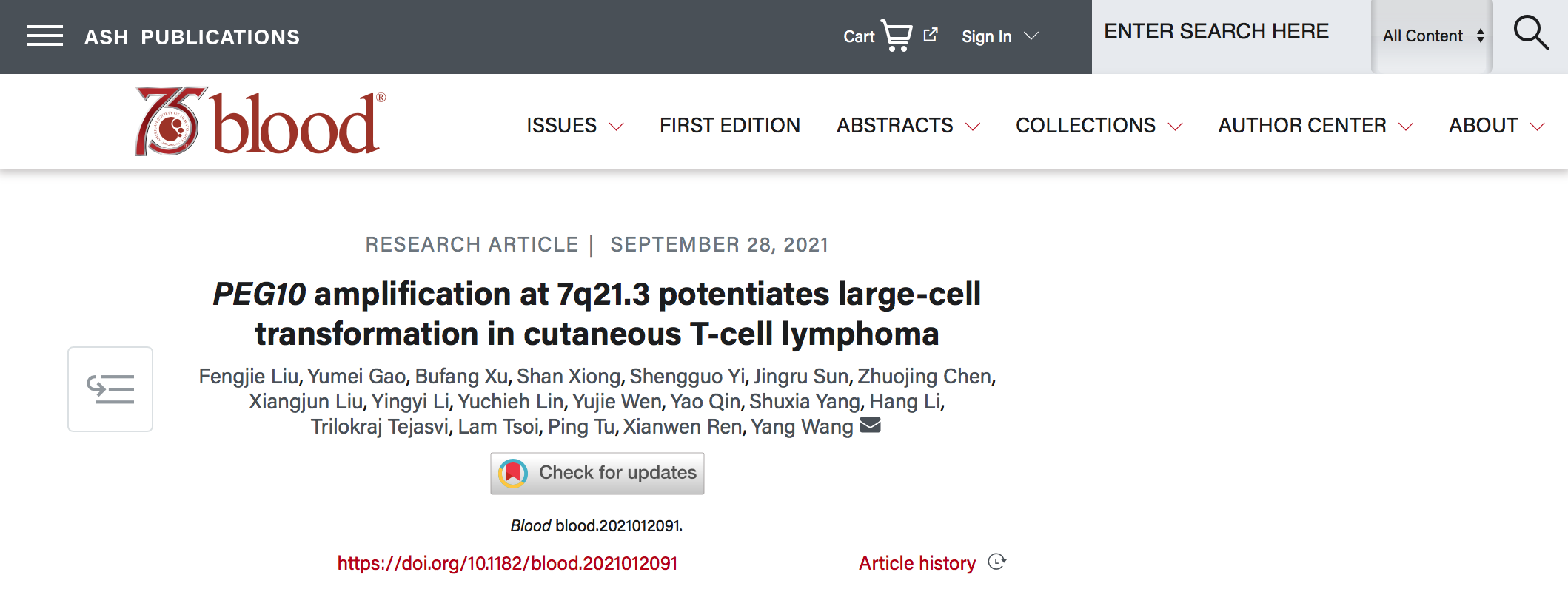 北大学者Blood发文：皮肤T细胞淋巴瘤大细胞转化的分子机制以及新型治疗靶点