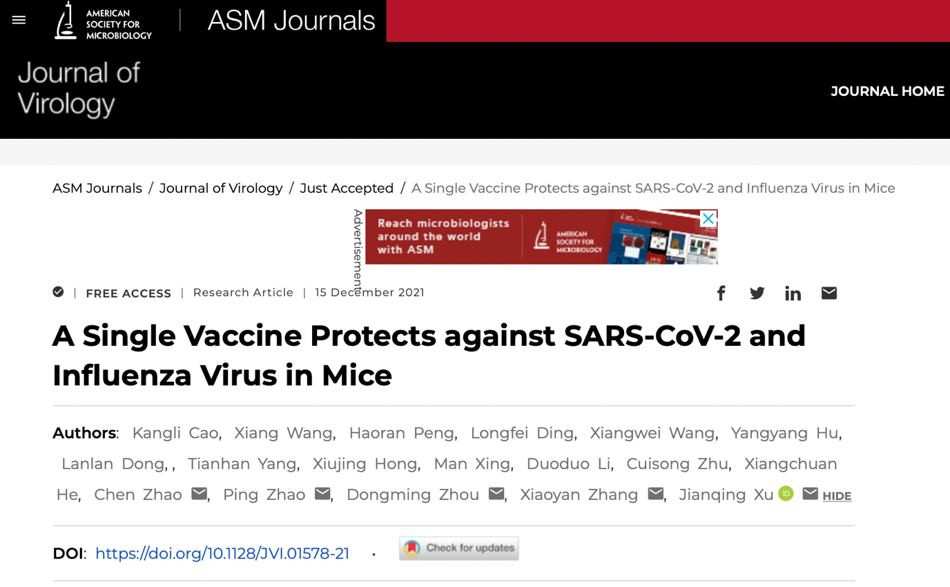 徐建青/张晓燕团队等研发了一款能同时抗新型冠状病毒及甲型流感病毒的超广谱疫苗